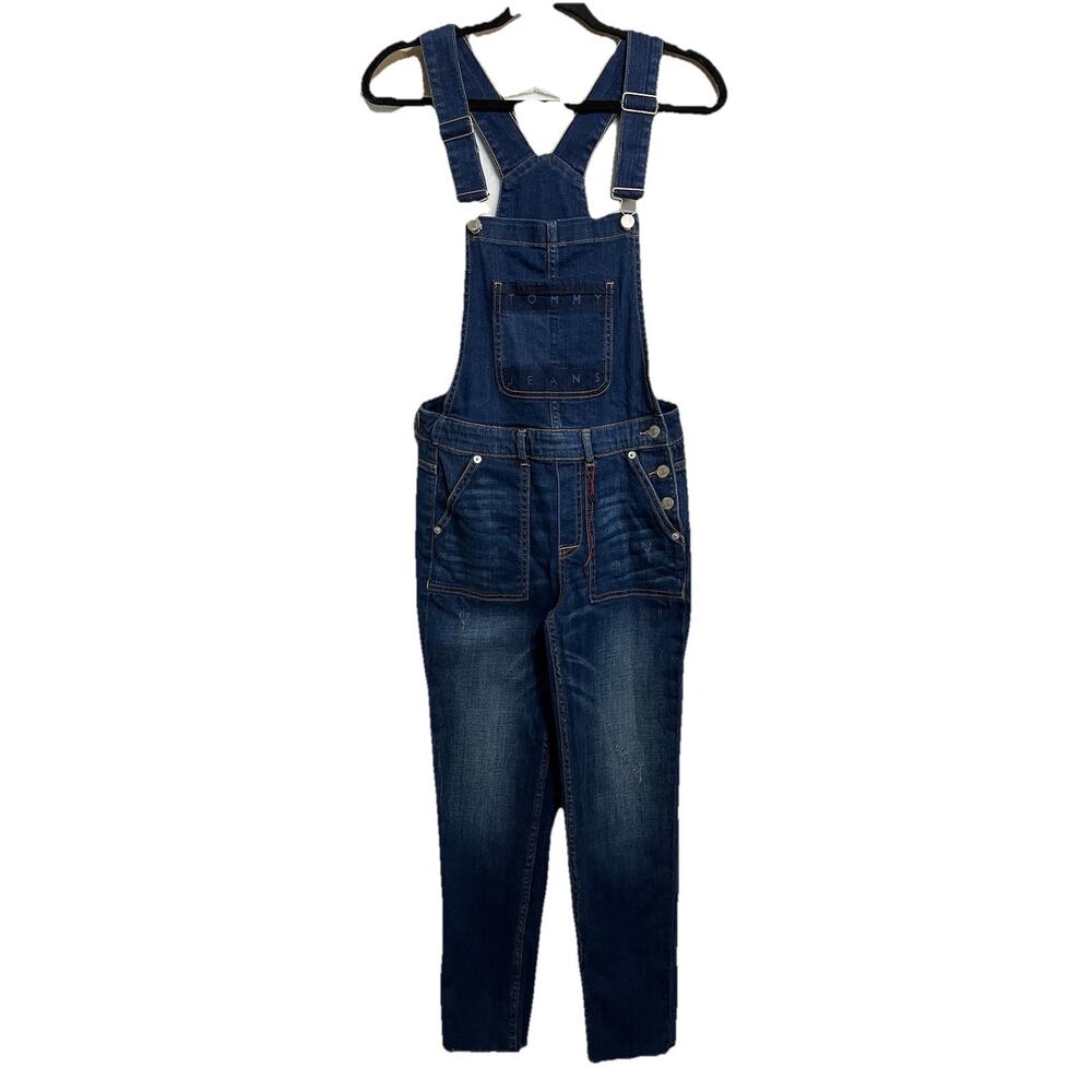 Tommy Jeans Women’s 0 / W25 Blue Denim Overalls Jumpsuit Logo Raw Hem 30x27